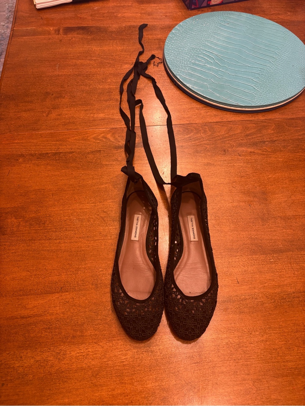 Tabitha Simmons Black Floral Lace Ballet Flats with Ribbon Ties